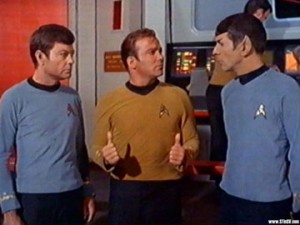 Kelly, Shatner, and Nimoy as McCoy, Kirk, and Spock