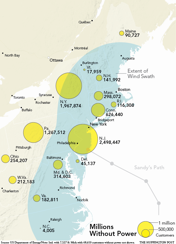 Map showing people without power from Hurricane Sandy