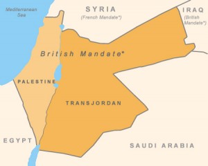 Map of Palestine under the British Mandate, showing Palestine of 1922 including what is now Israel, West Bank, Gaza, in the west and Hashemite Kingdom of Jordan in the east.